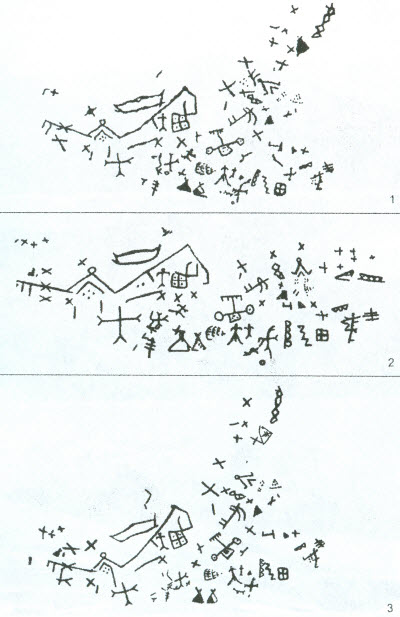 Прорисовки росписи грота: 1-Самашева З.С.; 2-Курдакова Е.В.; 3- Марсадолова Л.С.