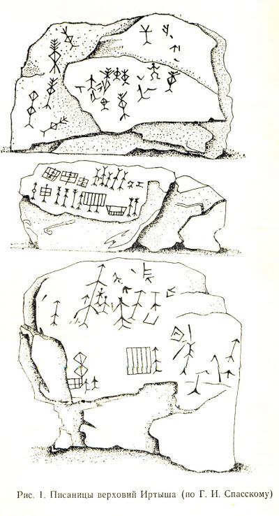 писаницы Восточного Казахстана, описаны  Спасским Г.И. (нач. XIXв), рисунки в Верховьях Иртыша и на левом берегу р. Смолянки, в месте её впадения в Иртыш